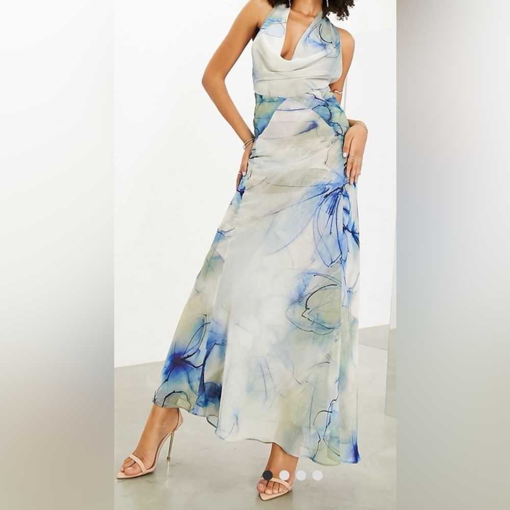 ASOS EDITION Sheer Statement Cowl Neck Maxi Dress in Blue Watercolour Print